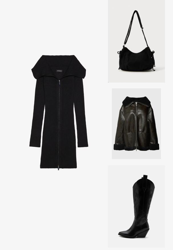Chaqueta de cuero marrón con cuello y puños de piel de oveja negra. Presenta una cremallera frontal y dos bolsillos laterales. Acabado texturizado, corte oversize.; Cárdigan largo negro de punto con un amplio cuello, cierre de cremallera y textura acanalada. Presenta mangas largas y un dobladillo recto en la parte inferior.; Bota de vaquero de cuero negro con punta puntiaguda, tacón bloqueado inclinado, costuras decorativas y lengüetas en la parte superior sobre fondo blanco.; Bolso de hombro de pana negra con forma curva, correa ajustable y cierres de cordón en ambos lados para ajustar el tamaño.