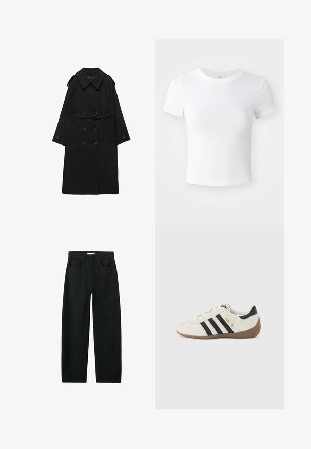 Trench coat noir avec large col, boutons croisés, taille ceinturée, poignets à boutons et épaulettes, posé à plat sur fond blanc.; T-shirt courte à manches courtes, blanche, avec un col rond, présentée sur un fond neutre et lumineux.; Jean noir taille haute à jambes droites avec poches avant, passants pour ceinture et coutures visibles sur fond blanc.; Baskets blanches Adidas avec des rayures noires, une semelle texturée marron, et le lettrage doré "SPEZIAL" sur le côté, vues du côté extérieur.