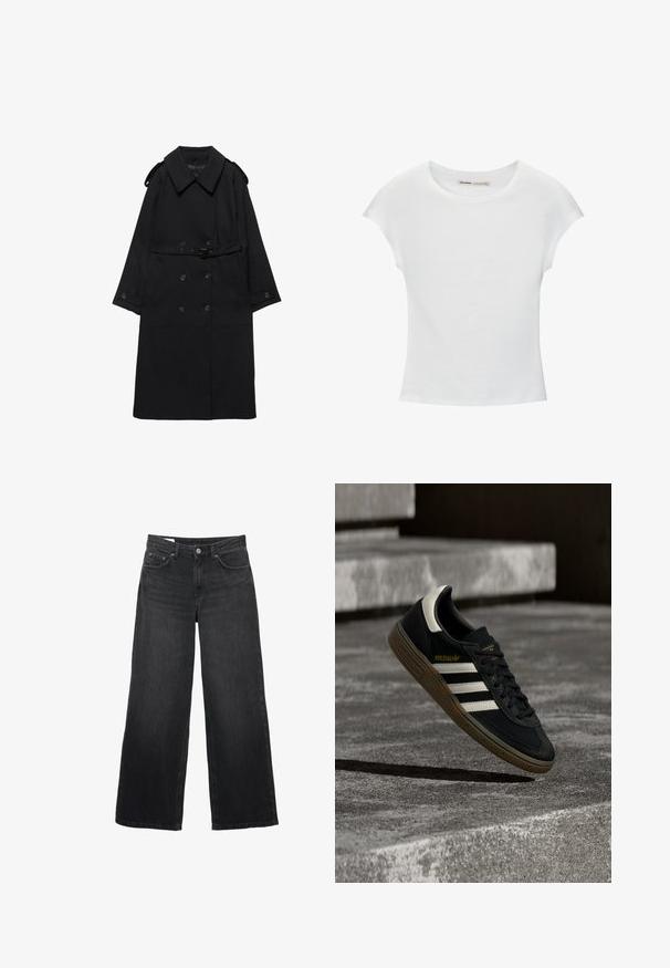 Trench coat noir avec large col, boutons croisés, taille ceinturée, poignets à boutons et épaulettes, posé à plat sur fond blanc.; T-shirt en coton blanc avec manches courtes retroussées, encolure ronde et ourlet droit. Texture lisse sans motifs ni accents visibles.; Jeans noirs à jambes larges avec bouton devant, fermeture éclair, passants de ceinture et design cinq poches sur fond blanc.; Baskets Adidas noires avec des bandes blanches et une semelle en gomme flottant au-dessus d'escaliers en béton gris sous une lumière naturelle.