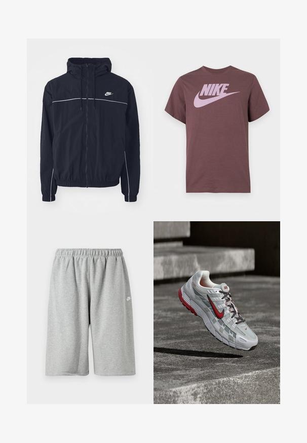 Μαύρο φούτερ με κουκούλα της Nike με ολόκληρο φερμουάρ εμπρός, λευκές λεπτομέρειες στο στήθος και τα μανίκια, ελαστικά μανσέτες και πλαϊνές τσέπες.; Καφέ κοντομάνικο T-shirt Nike με μεγάλο ροζ λογότυπο Nike και σβούρα στο στήθος, απλό φόντο.; Γκρι βαμβακερό σορτς με ελαστική μέση, άνετη εφαρμογή και μικρό λευκό λογότυπο κοντά στο τελείωμα. Ομαλή υφή, μήκος πάνω από το γόνατο.; Λευκό και γκρι παπούτσι τρεξίματος Nike με κόκκινες λεπτομέρειες και μαύρα κορδόνια, αιωρούμενο πάνω από γκρίζα σκάλες από σκυρόδεμα.