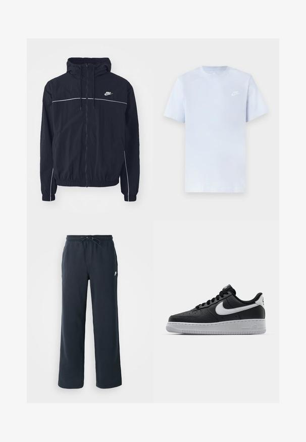 Μαύρο φούτερ με κουκούλα της Nike με ολόκληρο φερμουάρ εμπρός, λευκές λεπτομέρειες στο στήθος και τα μανίκια, ελαστικά μανσέτες και πλαϊνές τσέπες.; Ανοιχτό μπλε βαμβακερό μπλουζάκι με κοντά μανίκια, στρογγυλή λαιμόκοψη και λευκό λογότυπο Nike εκτυπωμένο στο αριστερό στήθος. Λείο υλικό, απλός σχεδιασμός.; Σκούρο ναυτικό παντελόνι φόρμας με ελαστική μέση και κορδόνι. Φτιαγμένο από μαλακό ύφασμα, με μικρό λευκό λογότυπο στο αριστερό ισχίο.; Μαύρο δερμάτινο αθλητικό παπούτσι με υφασμάτινη επιφάνεια, άσπρο λογότυπο Nike, γκρίζα σόλα, στρογγυλή μύτη και σχέδιο με κορδόνια. Διαθέτει διάτρητα σημεία στην περιοχή της μύτης.