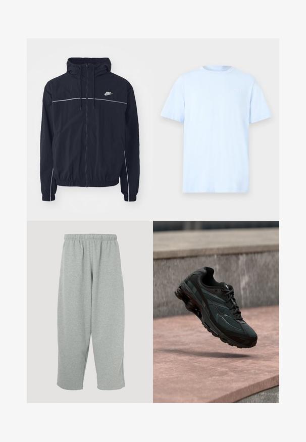 Μαύρο φούτερ με κουκούλα της Nike με ολόκληρο φερμουάρ εμπρός, λευκές λεπτομέρειες στο στήθος και τα μανίκια, ελαστικά μανσέτες και πλαϊνές τσέπες.; Ανοιχτό μπλε βαμβακερό t-shirt με κοντά μανίκια, στρογγυλή λαιμόκοψη και διακριτικό λευκό λογότυπο στο πάνω αριστερό μέρος του στήθους. Ομαλή υφή.; Ανοιχτό γκρι παντελόνι φόρμας με ελαστική μέση, εφαρμοστή σχεδίαση στα πόδια και απαλή υφή. Χωρίς ορατά λογότυπα ή μοτίβα.; Μαύρο αθλητικό παπούτσι με ορατή μεσαία σόλα αέρα που αιωρείται πάνω από μια ροζ πέτρινη επιφάνεια με φόντο ένα γκρι πέτρινο τοίχο.