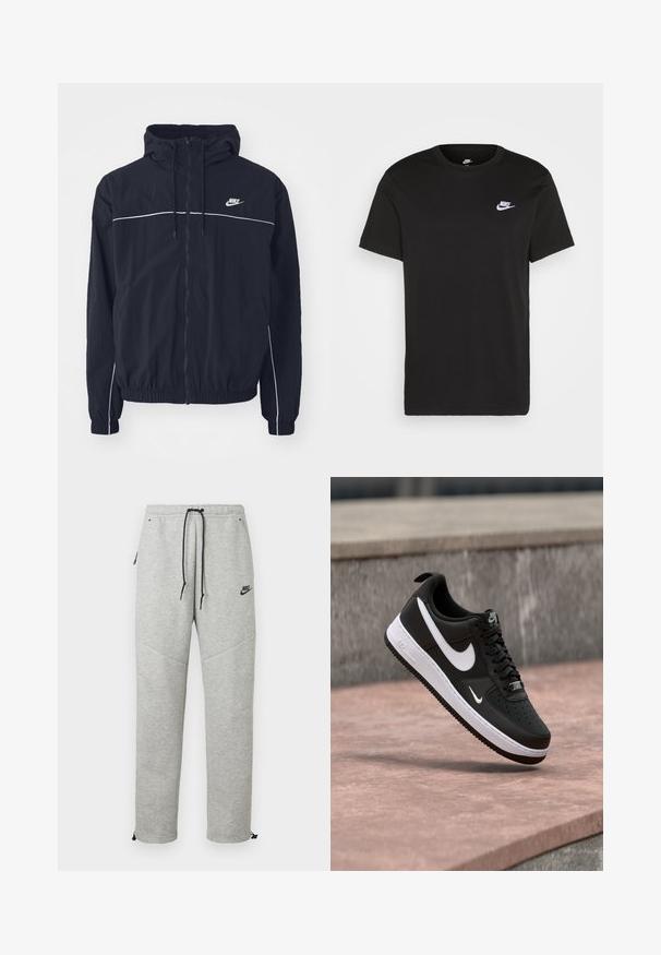 Μαύρο φούτερ με κουκούλα της Nike με ολόκληρο φερμουάρ εμπρός, λευκές λεπτομέρειες στο στήθος και τα μανίκια, ελαστικά μανσέτες και πλαϊνές τσέπες.; Μαύρο βαμβακερό κοντομάνικο T-shirt με στρογγυλή λαιμόκοψη και ένα μικρό λευκό λογότυπο Nike στην επάνω αριστερή πλευρά του στήθους. Λείος υφασμάτινος ιστός. Κλασσική εφαρμογή.; Γκρίζες φόρμες Nike με κορδόνι στη μέση, πλαϊνές τσέπες και ελαστικές μανσέτες. Διαθέτουν λεία υφή και αντίθετη μαύρη λεπτομέρεια με το λογότυπο.; Μονόχρωνο μαύρο και άσπρο αθλητικό παπούτσι Nike Air Force 1 κρεμασμένο πάνω από μια ροζ επιφάνεια από σκυρόδεμα με φόντο γκρι πέτρα.
