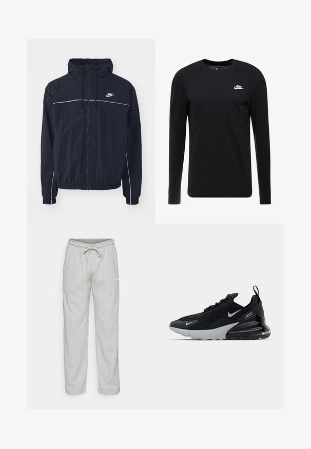 Μαύρο φούτερ με κουκούλα της Nike με ολόκληρο φερμουάρ εμπρός, λευκές λεπτομέρειες στο στήθος και τα μανίκια, ελαστικά μανσέτες και πλαϊνές τσέπες.; Μαύρο μπλουζάκι μακρύτερου μανικιού από βαμβάκι, με στρογγυλή λαιμόκοψη, ριμπ μανσέτες και μικρό λευκό λογότυπο Nike στην καρδιά.; Ανοιχτό γκρι φόρμες από απαλό ύφασμα. Διαθέτουν ελαστική ζώνη με κορδόνι και λογότυπο Nike σε μαύρο χρώμα στο αριστερό μηρό.; Μαύρο αθλητικό παπούτσι με διχτυωτό πάνω μέρος, λευκή ενδιάμεση σόλα και ορατή αεροθάλαμο στην φτέρνα. Κομψός σχεδιασμός με διακριτικές ασημένιες λεπτομέρειες.