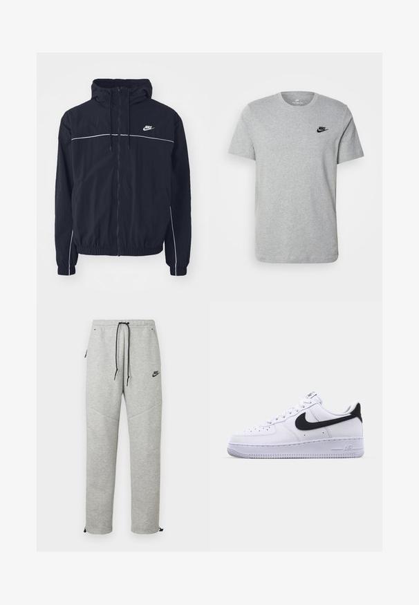 Μαύρο φούτερ με κουκούλα της Nike με ολόκληρο φερμουάρ εμπρός, λευκές λεπτομέρειες στο στήθος και τα μανίκια, ελαστικά μανσέτες και πλαϊνές τσέπες.; Γκρι κοντομάνικη μπλούζα φτιαγμένη από βαμβάκι, με μαύρο λογότυπο Nike στο στήθος και στρογγυλή λαιμόκοψη. Μινιμαλιστικός σχεδιασμός χωρίς μοτίβα.; Γκρίζες φόρμες Nike με κορδόνι στη μέση, πλαϊνές τσέπες και ελαστικές μανσέτες. Διαθέτουν λεία υφή και αντίθετη μαύρη λεπτομέρεια με το λογότυπο.; Λευκό δερμάτινο αθλητικό παπούτσι με υφή μαύρου Swoosh, επίπεδα κορδόνια και καουτσούκ σόλα με ραβδωτό σχέδιο. Η λέξη "AIR" είναι ανάγλυφη στην φτέρνα.