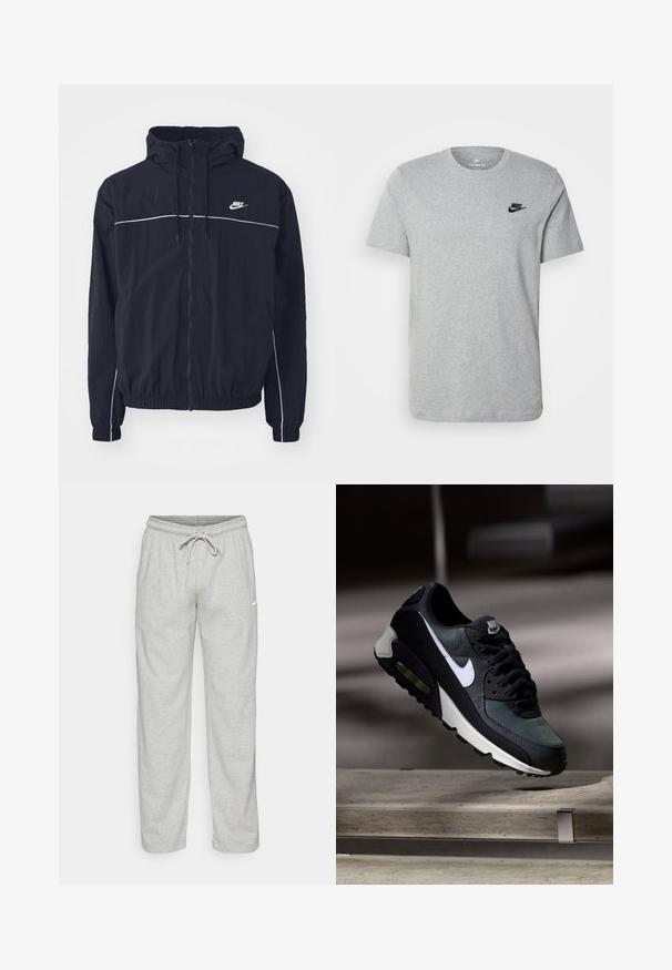 Μαύρο φούτερ με κουκούλα της Nike με ολόκληρο φερμουάρ εμπρός, λευκές λεπτομέρειες στο στήθος και τα μανίκια, ελαστικά μανσέτες και πλαϊνές τσέπες.; Γκρι κοντομάνικη μπλούζα φτιαγμένη από βαμβάκι, με μαύρο λογότυπο Nike στο στήθος και στρογγυλή λαιμόκοψη. Μινιμαλιστικός σχεδιασμός χωρίς μοτίβα.; Ανοιχτό γκρι φόρμες από απαλό ύφασμα. Διαθέτουν ελαστική ζώνη με κορδόνι και λογότυπο Nike σε μαύρο χρώμα στο αριστερό μηρό.; Μαύρο και γκρι αθλητικό παπούτσι Nike Air Max με λευκό σήμα, κρεμασμένο πάνω από μια τσιμεντένια επιφάνεια σε θολό σκοτεινό φόντο.
