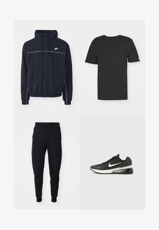 Μαύρο φούτερ με κουκούλα της Nike με ολόκληρο φερμουάρ εμπρός, λευκές λεπτομέρειες στο στήθος και τα μανίκια, ελαστικά μανσέτες και πλαϊνές τσέπες.; Μαύρο T-shirt φτιαγμένο από απαλό βαμβάκι, με κοντό μανίκι και στρογγυλή λαιμόκοψη. Απλός σχεδιασμός με ένα μικρό λογότυπο στο αριστερό μανίκι.; Μαύροι joggers από απαλό ύφασμα, με μέση που ρυθμίζεται με κορδόνι, κωνικά πόδια και πλαϊνές τσέπες με κομψό σχέδιο.; Μαύρο αθλητικό παπούτσι Nike Air Max 270 με λευκό λογότυπο Swoosh, λευκή μεσαία σόλα και ορατό αερόσασμα στη φτέρνα, σε απλό φόντο.