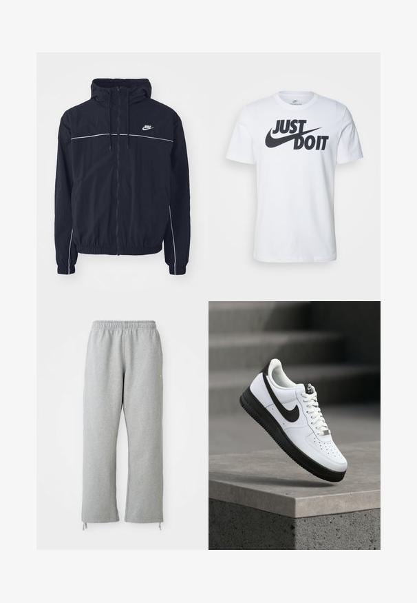 Μαύρο φούτερ με κουκούλα της Nike με ολόκληρο φερμουάρ εμπρός, λευκές λεπτομέρειες στο στήθος και τα μανίκια, ελαστικά μανσέτες και πλαϊνές τσέπες.; Λευκό μπλουζάκι από βαμβάκι με έντονο μαύρο λογότυπο "Just Do It" και σήμα Nike. Κλασικός σχεδιασμός με στρογγυλή λαιμόκοψη και κοντά μανίκια.; Γκρι φόρμες με ελαστική μέση, ίσια πόδια και ρυθμιζόμενα κορδόνια στο στρίφωμα. Φτιαγμένες από μαλακό, υφαντό ύφασμα.; Λευκό δερμάτινο αθλητικό παπούτσι με μαύρες λεπτομέρειες, στρογγυλεμένη μύτη και διάτρητη διακόσμηση. Μαύρη σόλα από καουτσούκ με υφή και σύστημα κλεισίματος με κορδόνια.