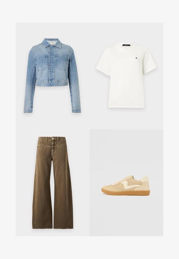 Veste en jean courte bleu clair avec manches longues, fermeture à boutons, deux poches poitrine à l'avant et col classique.; T-shirt blanc à manches courtes avec col rond, petit logo papillon noir sur le côté gauche de la poitrine et étiquette noire à l'intérieur du col.; Pantalon marron taille haute à jambes larges avec bouton devant, passants de ceinture, et coutures visibles sur fond clair.; Sneaker beige avec des matériaux en daim et en maille, forme arrondie, col rembourré proéminent et semelle en caoutchouc gomme. Présente un accent de design en forme de vague.