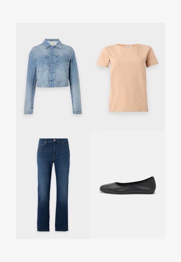 Veste en jean courte bleu clair avec manches longues, fermeture à boutons, deux poches poitrine à l'avant et col classique.; T-shirt beige manches courtes avec col rond et ourlet droit sur un fond uni gris clair.; Jean en denim bleu foncé à jambe droite avec cinq poches et fermeture par bouton sur un fond clair uni.; Ballerines en cuir noir avec un bout rond, texture lisse, détails de couture minimalistes et design de semelle flexible.