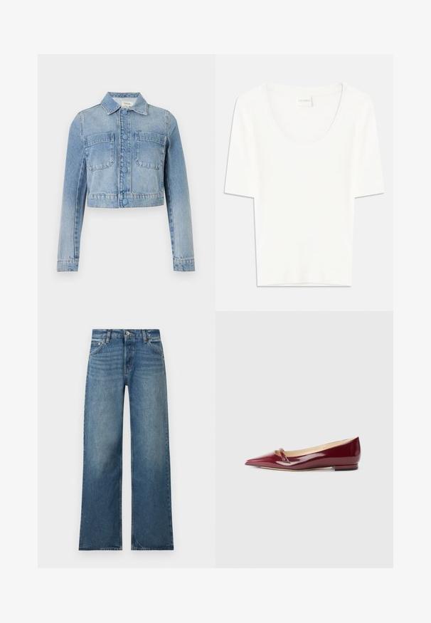 Veste en jean courte bleu clair avec manches longues, fermeture à boutons, deux poches poitrine à l'avant et col classique.; T-shirt blanc à manches courtes avec un col rond. Fabriqué en coton doux, il présente une coupe décontractée et un design minimaliste.; Jean bleu à jambes larges avec fermeture devant à bouton et zip, poches avant et arrière, et détails subtils d'effilochage.; Ballerines en cuir verni bordeaux avec un bout pointu, présentant un petit détail découpé et un petit talon. Texture lisse et design épuré.