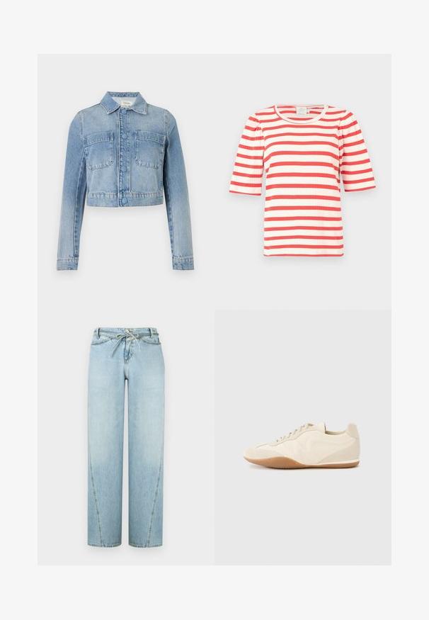 Veste en jean courte bleu clair avec manches longues, fermeture à boutons, deux poches poitrine à l'avant et col classique.; Haut à manches courtes rayé rouge et blanc avec une texture côtelée et un col rond. Les manches bouffantes ajoutent du volume au design.; Jean en denim bleu clair à jambes larges avec une taille à cordon de serrage, présentant un effet délavé, une coupe droite et des détails de coutures visibles le long des coutures.; Baskets beige clair avec une tige en cuir texturé, des panneaux latéraux texturés et une semelle en caoutchouc. Dotées d'un design fin et épuré ainsi que de lacets plats.
