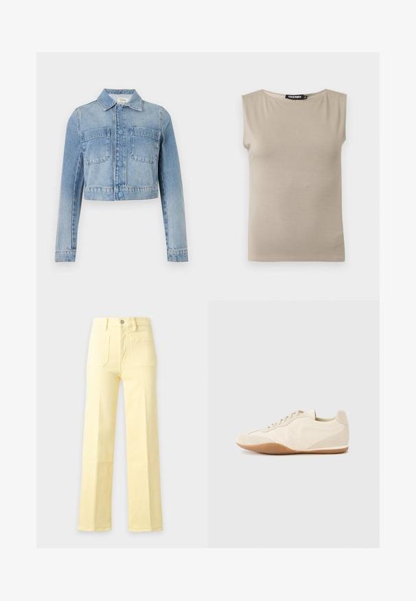 Γαλάζιο cropped denim μπουφάν με μακριά μανίκια, κούμπωμα με κουμπιά, δύο μπροστινές τσέπες στο στήθος και κλασικό γιακά.; Μπεζ βαμβακερό τοπ χωρίς μανίκια με φαρδιές τιράντες και στρογγυλή λαιμόκοψη, μέγεθος μεσαίο, απλωμένο επίπεδα σε λευκό φόντο.; Κίτρινο παντελόνι με ψηλή μέση και ίσια μπατζάκια, με μπροστινές τσέπες και κούμπωμα με κουμπιά σε μονόχρωμο φόντο.; Ανοιχτό μπεζ αθλητικά παπούτσια με επάνω μέρος από υφή δέρματος, πλευρικά πάνελ με υφή και λαστιχένια σόλα. Διαθέτουν λεπτό, αρμονικό σχέδιο και επίπεδα κορδόνια.