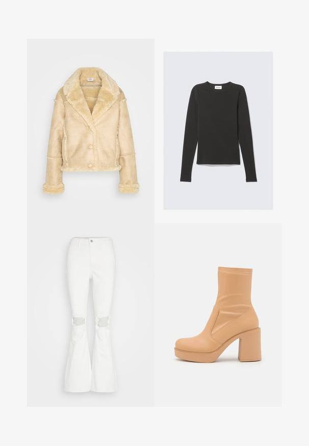 Μπεζ ζακέτα από shearling με μεγάλο γιακά, κούμπωμα με κουμπιά, πλαϊνές τσέπες και φουντωτή επένδυση στα μανίκια, το στρίφωμα και τον γιακά.; Μαύρο μακρυμάνικο μπλουζάκι με στρογγυλή λαιμόκοψη και στενή εφαρμογή, τοποθετημένο επίπεδα σε ανοιχτό γκρι φόντο.; Hollister Co. CURVY - Τζιν καμπάνα - white; Even&Odd by Zalando Μποτάκια με ψηλό τακούνι - beige