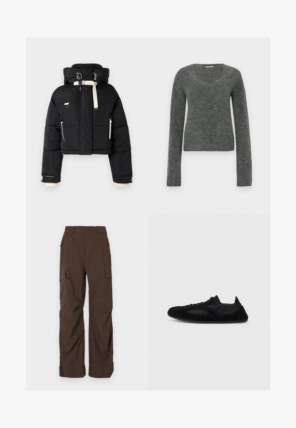 Zwart cropped puffer jack met een capuchon, voorzien van crème-kleurige accenten, een ritssluiting aan de voorkant, zijzakken en elastische manchetten.; Grijze trui met lange mouwen gemaakt van zachte, gestructureerde stof met een brede, afgeronde halslijn en een aangesloten silhouet.; Bruine cargobroek met een rechte snit, gemaakt van een duurzame stof. Bevat meerdere zakken en een veilige taillebandontwerp.; Zwarte lichte sneaker met suède accenten, elastische enkelsluiting en dunne zool, zijaanzicht op een effen achtergrond.