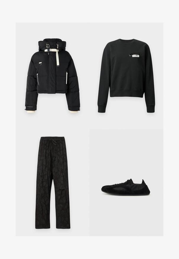 Sort cropped pufferjakke med hætte, udsmykket med cremefarvede detaljer, lynlås foran, sidelommer og elastiske mansjetter.; Sort langærmet sweatshirt med rund hals, hvor der er et lille hvidt og sort mærke syet nær venstre brystområde.; Sorte bukser med elastisk taljebånd og snøre, med et diskret bladmønster og et lige ben design. Letvægtsstof tekstur.; Sort letvægts-sneaker med ruskindsdetaljer, elastisk ankel og tynd sål, vist i profil på en ensfarvet baggrund.