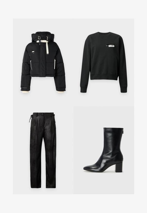 Sort cropped pufferjakke med hætte, udsmykket med cremefarvede detaljer, lynlås foran, sidelommer og elastiske mansjetter.; Sort langærmet sweatshirt med rund hals, hvor der er et lille hvidt og sort mærke syet nær venstre brystområde.; Sorte, højtaljede bukser lavet af et struktureret materiale. Har lige ben, plisseringer og justerbar snor i taljen.; Sorte læder ankelstøvler med spids tå og 4 cm blokhæl. Det slanke design har en sidelukning for nem påtagning. Glat tekstur.