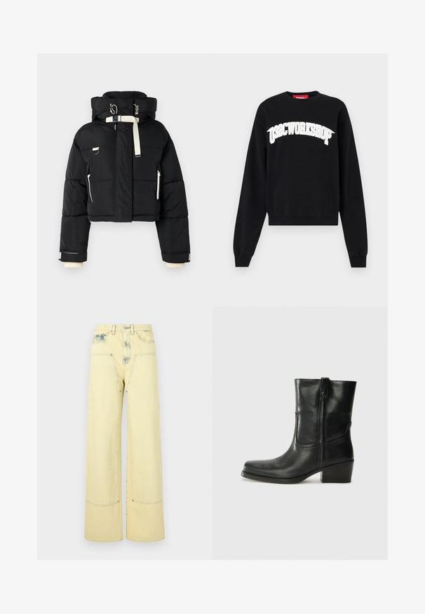 Sort cropped pufferjakke med hætte, udsmykket med cremefarvede detaljer, lynlås foran, sidelommer og elastiske mansjetter.; Sort sweatshirt lavet af bomuld, med et buet hvidt tryk "038CWORKSHOP" tværs over brystet, ribbede manchetter og en rund hals.; Gule jeans med vide ben, falmede detaljer, forlommer og sølvfarvet hardware. Designet i et glat, tekstureret bomuldsstof.; Sort læder ankelstøvle med rundt tå, blokhæl, lynlås i siden og stikninger på vampsiden. Glat tekstur, klassisk design.