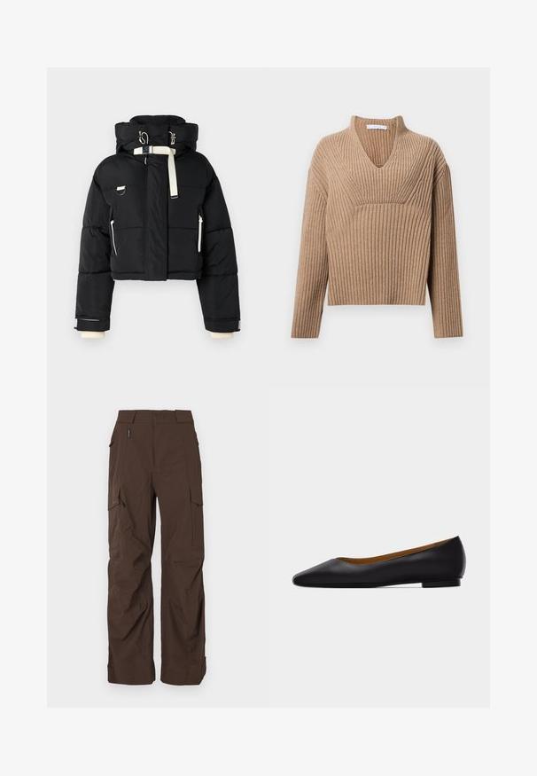 Schwarze, taillierte Steppjacke mit Kapuze, ausgestattet mit cremefarbenen Akzenten, einem Reißverschluss vorne, seitlichen Taschen und elastischen Bündchen.; Beige gerippter Strickpullover mit tiefem V-Ausschnitt, langen Ärmeln und einem strukturierten Paneel auf der Brust. Kürze mit lockerer Passform.; Braune Cargo-Hose mit geradem Schnitt, aus einem strapazierfähigen Stoff gefertigt. Verfügt über mehrere Taschen und ein sicheres Bunddesign.; Schwarzer flacher Schuh aus Leder mit spitz zulaufender Vorderkappe, niedrigem Absatz und glatter Oberfläche, von der Seite vor einem hellgrauen Hintergrund dargestellt.