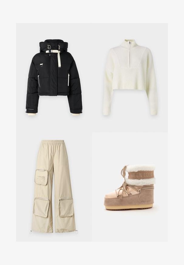 Zwart cropped puffer jack met een capuchon, voorzien van crème-kleurige accenten, een ritssluiting aan de voorkant, zijzakken en elastische manchetten.; Crème kleurige cropped sweater met een ritskraag, geribbelde textuur en brede mouwen. Het materiaal lijkt zacht en gebreid.; Lichtbeige cargobroek met een wijd model, voorzien van een elastische tailleband, meerdere met rits afgesloten zakken en trekkoordmanchetten.; Beige en lichtbruine winterlaars met zachte nep bontvoering, dikke zool en veters die rond de enkel wikkelen, gelabeld "MOON BOOT."
