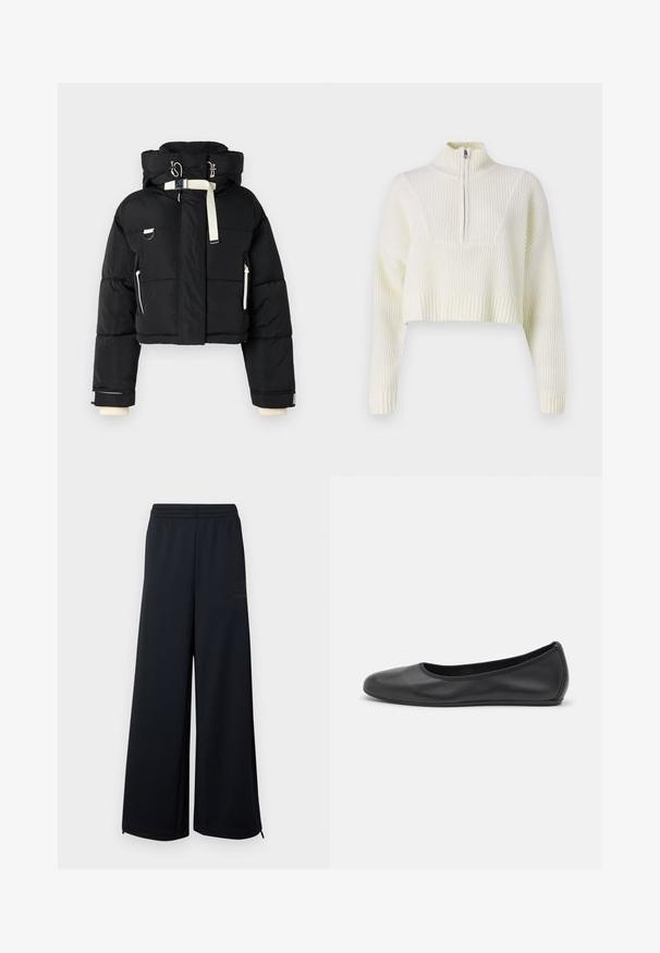 Sort cropped pufferjakke med hætte, udsmykket med cremefarvede detaljer, lynlås foran, sidelommer og elastiske mansjetter.; Cremefarvet cropped sweater med lynlås i halsen, ribbet tekstur og brede ærmer. Materialet ser blødt og strikket ud.; Sorte vidde meshbukser med elastisk talje og små lynlåsdetaljer ved sømmene, præsenteret mod en hvid baggrund.; Sort læderballetsko med rund tå, glat tekstur, minimal syning og et fleksibelt såldesign.