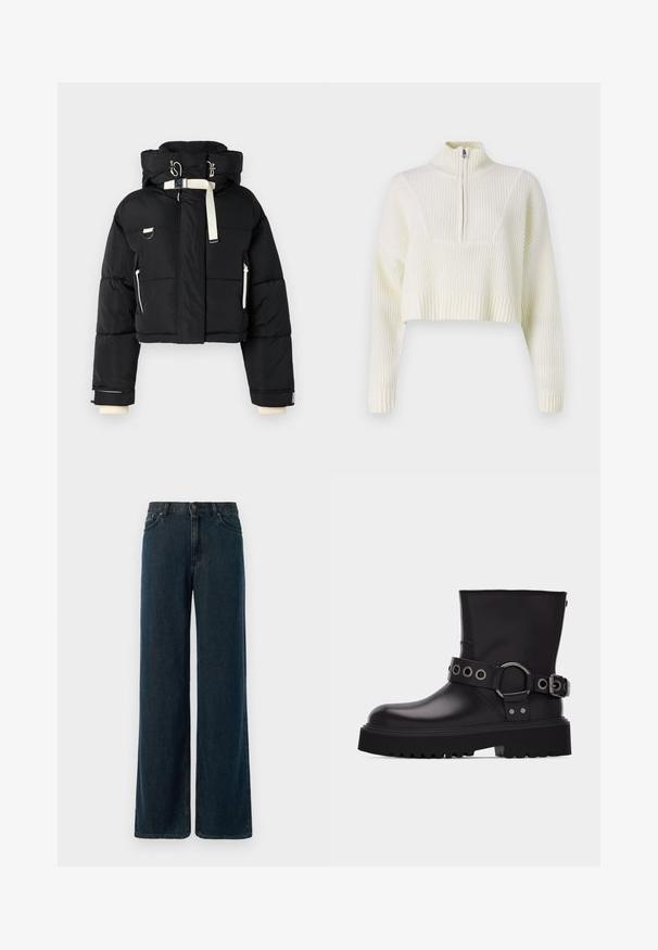 Schwarze, taillierte Steppjacke mit Kapuze, ausgestattet mit cremefarbenen Akzenten, einem Reißverschluss vorne, seitlichen Taschen und elastischen Bündchen.; Cremfarbener, gepunkteter Pullover mit Reißverschlusskragen, gerippter Textur und weit geschnittenen Ärmeln. Das Material wirkt weich und gestrickt.; Hellebeinen, dunkelblaue Jeans aus Denim mit hoher Taille, Fünf-Taschen-Design und subtilen Nähdetails. Der Stoff hat eine glatte Textur.; Schwarzer Lederstiefel bis zur Mitte der Wade mit dicker Profilsohle, dekorativem Riemen mit silbernen Metallösen und Schnalle an der Seite.