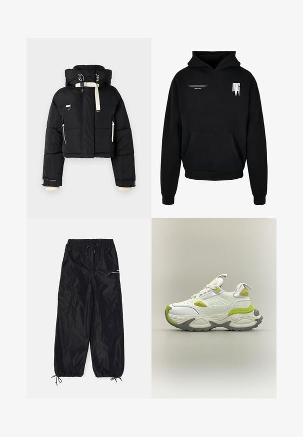 Schwarze, taillierte Steppjacke mit Kapuze, ausgestattet mit cremefarbenen Akzenten, einem Reißverschluss vorne, seitlichen Taschen und elastischen Bündchen.; Schwarzer Kapuzenpullover mit Fronttasche, kleinem weißen Text auf der oberen linken Brust und stilisiertem "MG"-Logo auf der oberen rechten Brust.; Schwarze Cargo-Hosen aus glänzendem Nylon mit elastischem Bund, verstellbarem Kordelzug, Seitentaschen und elastischen Bundabschlüssen.; Weiße und hellgrüne klobige Sneaker mit dicker Sohle, Schnürung vorne und Zuglaschen an Zunge und Ferse, auf neutralem Hintergrund präsentiert.