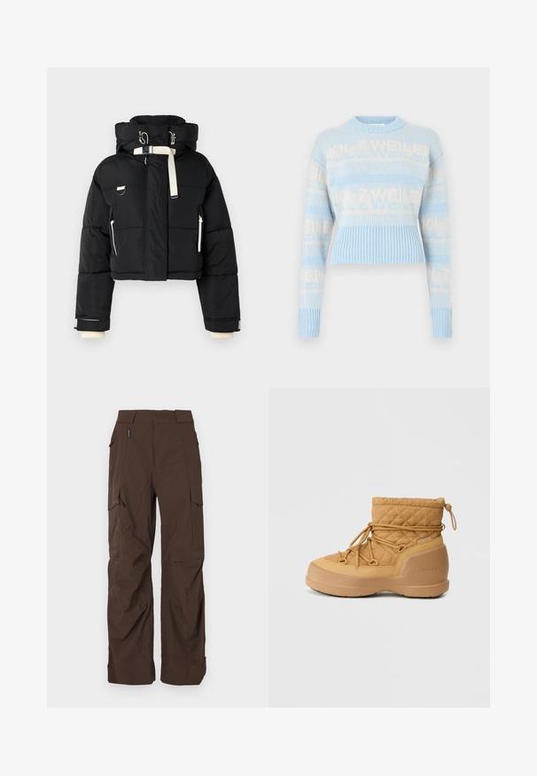 Sort cropped pufferjakke med hætte, udsmykket med cremefarvede detaljer, lynlås foran, sidelommer og elastiske mansjetter.; Hæklet sweater i lyseblå med cremefarvet logotekst. Har ribbede kanter og manchetter, lange ærmer og rund hals. Cropped design.; Brune cargo-bukser med lige snit, lavet af et slidstærkt materiale. Har flere lommer og et sikkert livbetændingsdesign.; Quilted, tan vandtæt støvle med rund tå, elastiske snørebånd og struktureret gummisål. Har en polstret overdel og logo på siden.