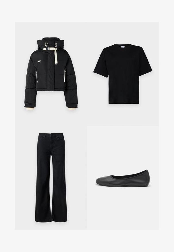 Sort cropped pufferjakke med hætte, udsmykket med cremefarvede detaljer, lynlås foran, sidelommer og elastiske mansjetter.; Sort kortærmet t-shirt i en afslappet pasform, lavet af blødt stof, med rund halsudskæring og uden fremtrædende mønstre eller accenter.; Sorte bukser med brede ben lavet af denim. Har et klassisk fem-lomme design, lynlåsåbning og subtile stikningsdetaljer. Glat overflade.; Sort læderballetsko med rund tå, glat tekstur, minimal syning og et fleksibelt såldesign.