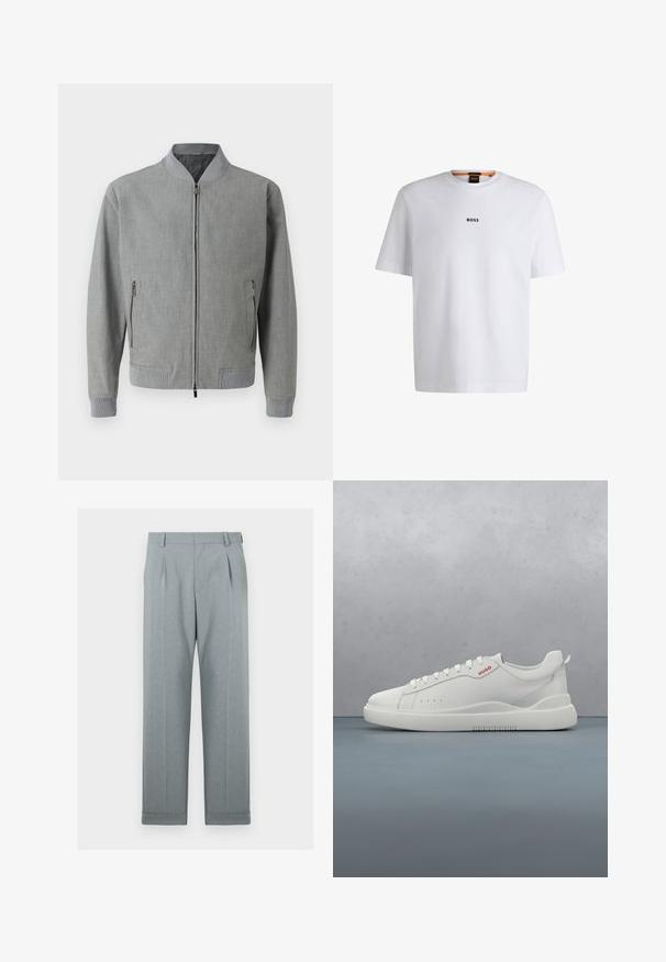 Chaqueta bomber gris hecha de tela texturizada, con cierre de cremallera, puños acanalados y bolsillos laterales con cremalleras. Forro interior suave.; Camiseta de algodón blanca de manga corta, con un logotipo negro "BOSS" centrado en el pecho y un diseño de cuello redondo.; Pantalones de color gris claro hechos de una tela texturizada con diseño de pierna recta, pliegues simples y dobladillos acampanados. Apariencia minimalista y ajustada.; Zapatilla blanca con un acabado de cuero liso, punta redonda, cuatro ojales, perforaciones sutiles y un detalle de logo rojo en el lateral.