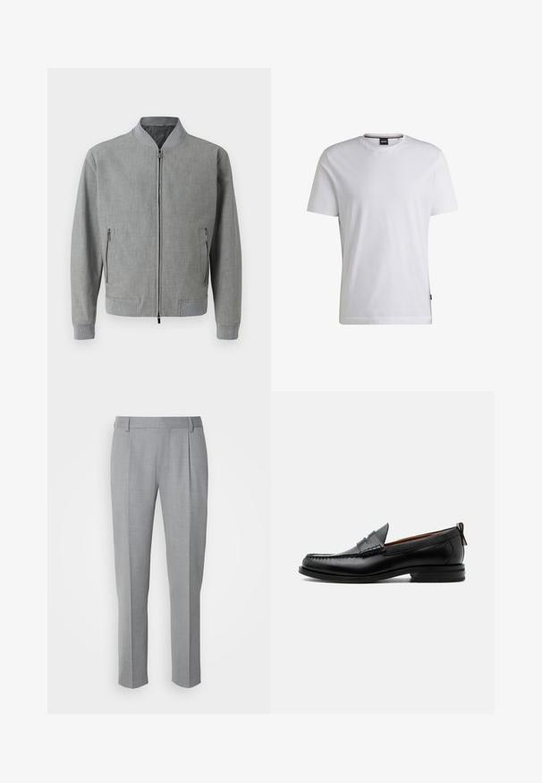 Chaqueta bomber gris hecha de tela texturizada, con cierre de cremallera, puños acanalados y bolsillos laterales con cremalleras. Forro interior suave.; Camiseta blanca de manga corta hecha de algodón. Cuenta con un cuello redondo y una etiqueta de marca sutil en el lateral. Textura suave y diseño simple.; Pantalones grises a medida con una textura suave, que cuentan con un frente plano, piernas rectas y pliegues sutiles para un detalle adicional.; Mocasín de hombre de piel negra con costura moc toe, tira penny, cuello texturizado y tacón bajo apilado sobre fondo blanco.