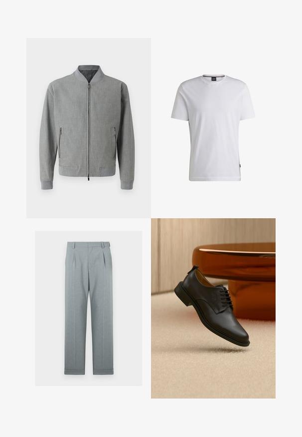 Chaqueta bomber gris hecha de tela texturizada, con cierre de cremallera, puños acanalados y bolsillos laterales con cremalleras. Forro interior suave.; Camiseta blanca de manga corta hecha de algodón. Cuenta con un cuello redondo y una etiqueta de marca sutil en el lateral. Textura suave y diseño simple.; Pantalones de color gris claro hechos de una tela texturizada con diseño de pierna recta, pliegues simples y dobladillos acampanados. Apariencia minimalista y ajustada.; Zapato de vestir para hombre de cuero negro con cordones flotando sobre una alfombra beige, con una mesa de café redonda marrón en el fondo.