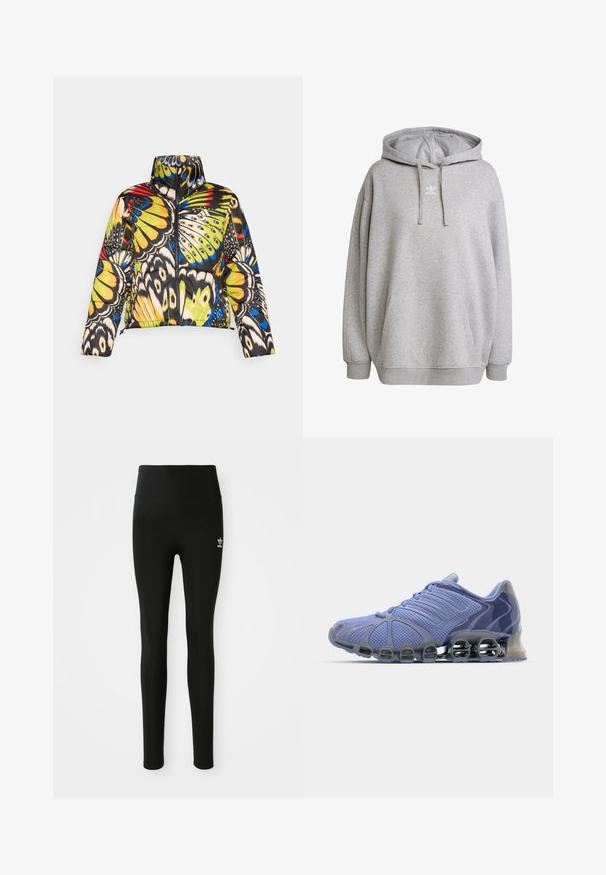 Gevoerde jas met een hoge kraag, voorzien van een kleurrijk vlinderpatroon in geel, blauw en zwart. Rits sluiting en cropped ontwerp.; adidas Originals ESSENTIALS - Hoodie - medium grey heather; Zwarte legging van rekbaar materiaal met een hoge taille, voorzien van een klein wit Adidas-logo op het linkerbeen. Gladde textuur.; adidas Originals MEGA GHOSTRIDE W - Sneakers laag - blue spark/blue spark metallic/silver metallic