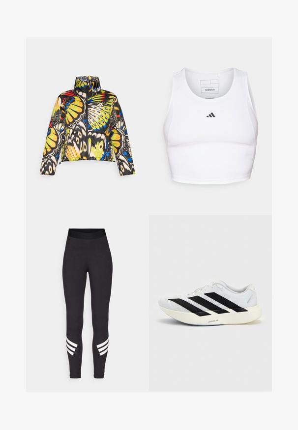 Gepolsterte Jacke mit hohem Kragen, ausgestattet mit einem bunten Schmetterlingsmuster in Gelb, Blau und Schwarz. Reißverschluss und verkürztes Design.; Weißes sportliches Crop-Top aus leichtem, atmungsaktivem Material. Mit Mesh-Seitenpanelen und schwarzem, gesticktem Logo auf der Brust.; Schwarze Leggings aus dehnbarem Stoff, mit einem breiten Bund und drei weißen horizontalen Streifen in der Nähe der Unterschenkel.; Weißer Laufschuh mit schwarzem Drei-Streifen-Design an der Seite und dicker weißer Sohle mit der Aufschrift "Lightstrike Pro" auf einfarbigem Hintergrund.