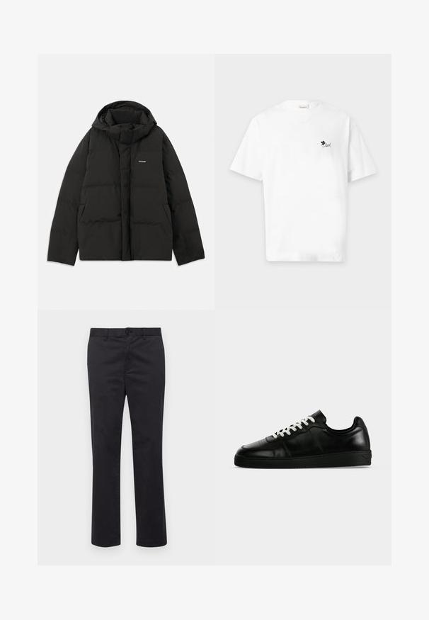 Doudoune noire avec capuche, présentant une texture matelassée, un zip à l'avant et des poches latérales. Petit logo sur le coin supérieur gauche.; T-shirt blanc à manches courtes avec un petit trèfle noir et le mot "loved" imprimé sur la poitrine gauche.; Pantalons en coton noir avec une coupe droite, dotés d'une fermeture à bouton et de passants de ceinture. Texture lisse, sans motifs ni accents visibles.; Baskets basses en cuir noir avec lacets blancs, semelle plate noire et détails subtils de couture, visibles de profil sur un fond gris.
