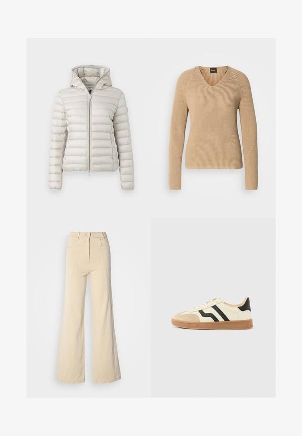 Chaqueta de plumas gris claro con cremallera frontal, capucha y textura acolchada. Presenta un ajuste ceñido y puños elásticos.; Suéter beige de punto con escote en V, mangas largas y diseño acanalado texturizado con detalles de costura diagonal en los hombros.; Jeans beige de pierna ancha con cintura alta, bolsillos frontales y costuras en contraste, con cierre de botón y una textura de algodón suave.; Zapatillas con cordones que presentan una parte superior color crema con rayas negras y una puntera de ante, complementadas con una suela de goma marrón.