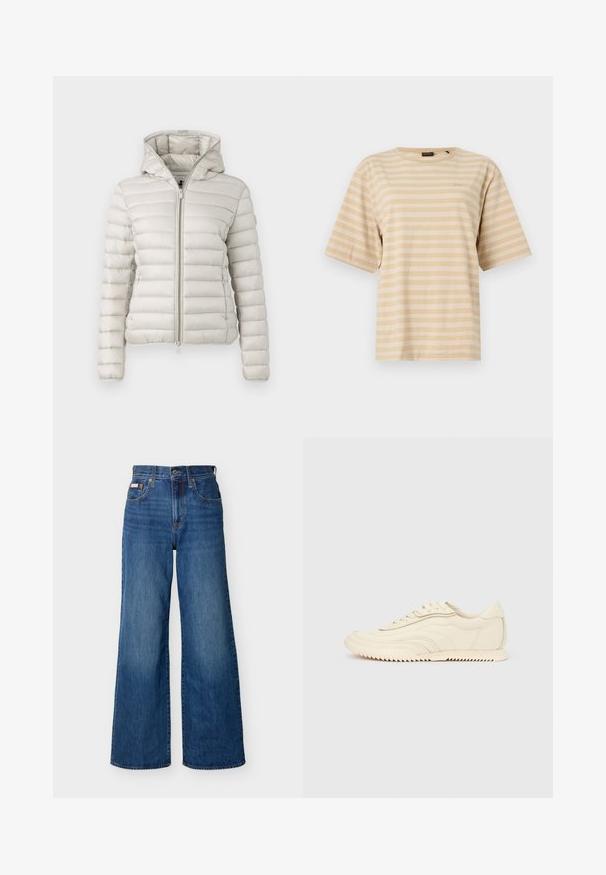 Chaqueta de plumas gris claro con cremallera frontal, capucha y textura acolchada. Presenta un ajuste ceñido y puños elásticos.; Camiseta beige de manga corta con finas rayas horizontales blancas y cuello redondo.; Jeans anchos de mezclilla azul con cintura alta, botón frontal, cremallera y diseño de cinco bolsillos sobre un fondo liso.; Zapatilla de perfil bajo color crema con costuras onduladas, cierre de cordones y suela acanalada, mostrada de lado sobre un fondo liso.