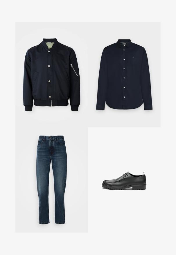 Veste bombardier marine avec boutons-pression, poche zippée sur le bras, col, poignets et ourlet côtelés, poches avant sur fond blanc.; Chemise homme bleu marine à manches longues avec col et boutons blancs, présentée sur fond gris clair.; Jeans droits bleu foncé avec fermeture à bouton et zip à l'avant, design à cinq poches, et subtile décoloration sur les cuisses et les genoux.; Chaussures en cuir noir avec une finition lisse, bout arrondi et coutures décoratives. Elles possèdent une semelle en caoutchouc avec des rainures de traction et un laçage.