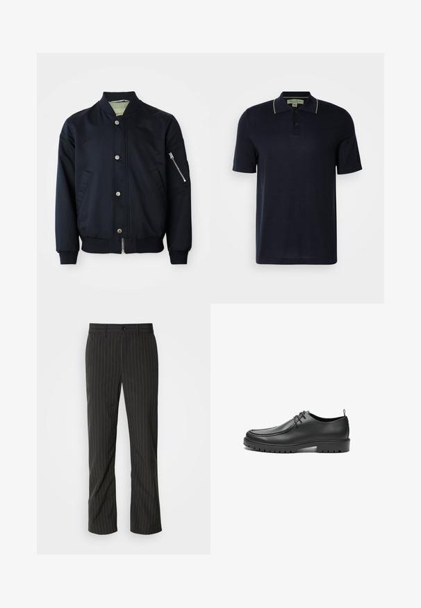 Veste bombardier marine avec boutons-pression, poche zippée sur le bras, col, poignets et ourlet côtelés, poches avant sur fond blanc.; Polo shirt bleu marine à manches courtes avec deux boutons et un subtil bord beige sur le col, présenté sur un fond clair uni.; Pantalons noirs à rayures fines avec une coupe droite. Présente une texture lisse, une fermeture à bouton à l'avant et des passants de ceinture.; Chaussures en cuir noir avec une finition lisse, bout arrondi et coutures décoratives. Elles possèdent une semelle en caoutchouc avec des rainures de traction et un laçage.