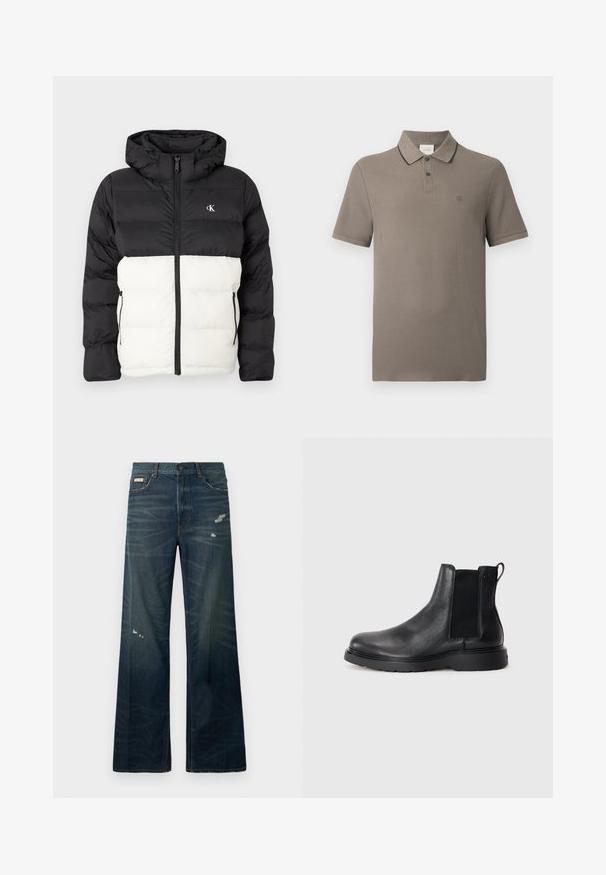 Veste matelassée noire et blanche avec capuche, dotée d'une fermeture éclair, de deux poches latérales zippées et d'un logo sur la poitrine. Design texturé et chaud.; Polo taupe à manches courtes avec col bordé de noir, patte de boutonnage à deux boutons et petit logo "cK" brodé sur la poitrine gauche.; Jeans en denim foncé à jambes larges, avec des zones de décoloration légère et de distorsion. Comprend une fermeture à bouton et un design classique à cinq poches.; Bottes Chelsea en cuir noir avec une finition texturée, des panneaux latéraux élastiques et une semelle en caoutchouc robuste. Branding subtil sur le talon.