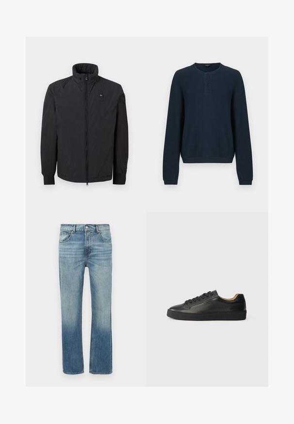 Veste zippée noire avec col montant, manches longues et petite écusson rectangulaire sur la poitrine gauche et la manche.; Pull bleu marine à manches longues en tissu côtelé texturé. Il présente un col rond et une patte de boutonnage à trois boutons. Les poignets et l'ourlet sont unis.; Jean en denim bleu clair avec une coupe droite, des détails délavés, cinq poches et une fermeture avant par bouton. Coutures visibles le long des coutures.; Baskets basses en cuir noir avec surface texturée, lacets noirs et semelle en caoutchouc épaisse, présentées de côté sur un fond clair.