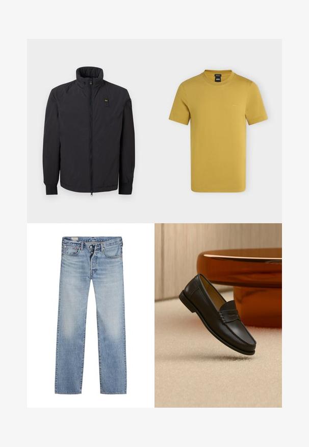 Veste zippée noire avec col montant, manches longues et petite écusson rectangulaire sur la poitrine gauche et la manche.; T-shirt homme jaune moutarde à manches courtes et col rond, avec petit logo BOSS sur la poitrine gauche et étiquette coupe régulière à l’intérieur du col.; Jean en denim bleu clair avec une coupe droite, featuring un zip à boutons, un design à cinq poches, et une texture délavée sur les cuisses.; Chaussure mocassin en cuir noir suspendue au-dessus d’un tapis beige avec du mobilier moderne couleur ambre en arrière-plan.