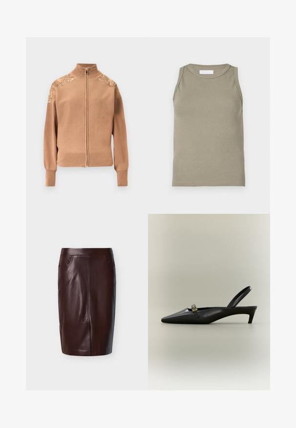 Suéter beige con cremallera, hecho de tela suave, con puños y dobladillo acanalados, y detalles bordados de flores en los hombros.; Camiseta sin mangas de canalé en verde oliva, con escote redondo y diseño sin mangas. Hecha de material suave y elástico con una silueta ajustada.; Falda lápiz de cuero marrón con una textura suave, que cuenta con dos bolsillos laterales y detalles de costura frontal, diseñada para un ajuste ceñido.; Zapato de tacón bajo tipo kitten en piel negra con talón descubierto, punta puntiaguda y hebilla pequeña color dorado sobre un fondo liso.
