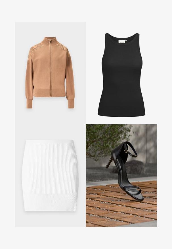 Suéter beige con cremallera, hecho de tela suave, con puños y dobladillo acanalados, y detalles bordados de flores en los hombros.; Top negro sin mangas hecho de tela acanalada, con un escote en forma de bote y un ajuste ceñido. Costuras planas y sin adornos. Diseño simple y elegante.; Mini falda blanca de punto con textura acanalada vertical, cintura elástica suave y silueta ajustada. No presenta detalles adicionales.; Sandalia negra de tacón alto con correa en el tobillo, parece suspendida sobre un suelo de baldosas de madera al aire libre, con un fondo difuminado de vegetación y piedra.