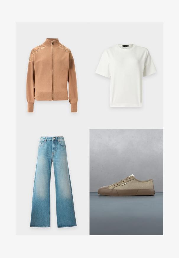 Beiger Reißverschluss-Pullover aus weichem Stoff mit gerippten Bündchen und Saum sowie bestickten Blumenakzenten auf den Schultern.; Schlichtes weißes T-Shirt mit kurzen Ärmeln und rundem Ausschnitt, locker sitzend, auf hellgrauem Hintergrund.; Helle blaue Denim-Hosen mit weitem Bein und hoher Taille, Fünf-Taschen-Design und subtilen Ausbleichungen an den Oberschenkeln. Kupferfarbene Hardware-Details.; Beige Calvin Klein Sneaker mit Gummisohle und Schnürsenkeln, schwebt über einer Holzfliesen-Außenfläche mit grünem Pflanzenhintergrund.