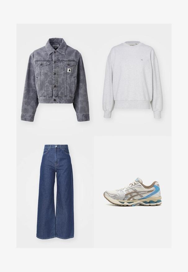 Veste en denim grise, coupée, avec un motif subtil, fermeture boutonnée à l'avant, col pointu et deux poches poitrine avec un patch logo.; Carhartt WIP CASEY - Sweatshirt - ash heather/silver; Jean large en denim bleu foncé. Conception taille haute avec fermeture éclair et bouton. Présente une coupe classique à cinq poches et des bords ourlés.; Chaussure de course blanche et beige avec des accents bleus, dessus en mesh, semelle rembourrée et design à lacets, vue du côté extérieur.
