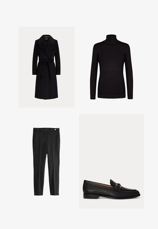 Sort uldfrakke til knælængde med brede revers og stofbælte bundet i taljen, lange ærmer og skræddersyet pasform.; Sort turtleneck sweater, lange ærmer, lavet af blødt stof, har en tæt silhuet og ribbede manchetter og krave.; Sorte skræddersyede bukser med en glat tekstur, der har to frontlommer og en talje med to runde sorte knapper.; Sort læderloafer med lille hæl og dekorativt gyldent spænde foran, vist fra siden på en hvid baggrund.