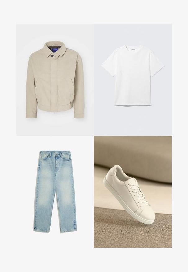 Beige corduroy jas met een kraag, knoopsluiting en voorzakken; heeft een gestructureerde stof en een cropped zoom.; Witte T-shirt met korte mouwen en ronde hals, plat gelegd, effen ontwerp, met een "WEEKDAY" label in de kraag op een lichte achtergrond.; Lichtblauwe jeans met rechte pijpen en hoge taille, met knoop aan de voorkant, rits, ceintuurlussen en voorzakken, plat afgebeeld op een witte achtergrond.; Witte leren sneaker met witte veters, weergegeven op een beige textuurovervlak en een zacht vervaagd achtergrond.