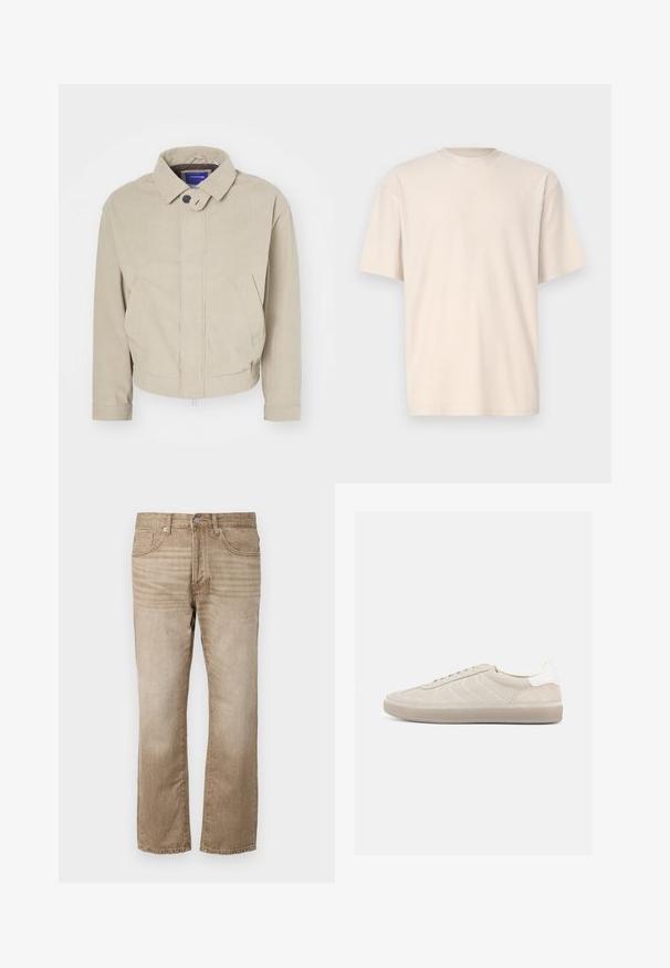 Beige Cordjacke mit Kragen, Knopfverschluss und frontalen Taschen; zeichnet sich durch einen strukturierten Stoff und einen cropped Saum aus.; Only & Sons ONSFRED RELAXED PLIZZE TEE - T-Shirt basic - moonstruck; Beige Denim-Jeans im Straight-Leg-Design mit fünf Taschen, Knopfverschluss und dezentem Verblassen des Stoffes.; Beiger Wildleder-Sneaker mit strukturiertem Obermaterial, glattem weißen Fersenbereich, dünnen Schnürsenkeln und Gummisohle. Verfügt über ein flaches Design.
