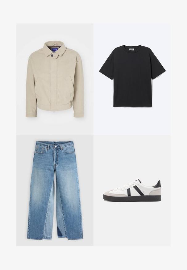 Beige Cordjacke mit Kragen, Knopfverschluss und frontalen Taschen; zeichnet sich durch einen strukturierten Stoff und einen cropped Saum aus.; Schwarzes T-Shirt mit kurzen Ärmeln und Rundhalsausschnitt in lockerer Passform, Vorderansicht, schlichtes Design und sichtbares Weekday-Label im Krageninneren.; Jeans mit geradem Bein aus blauem Denim, klassischem Fünf-Taschen-Design und vorderem Knopfverschluss, flach auf neutralem Hintergrund dargestellt.; Weiße Sneaker mit schwarz- und grau-aczenten, ausgestattet mit einer strukturierten grauen Zehenkappe, schwarzer Gummi-Sohle und flachen weißen Schnürsenkeln. Sauberes Design, minimalistische Stil.